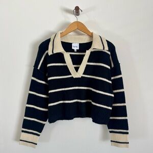 NWOT - Sky To Moon - Striped V-Neck Collared Sweater - Black and Cream